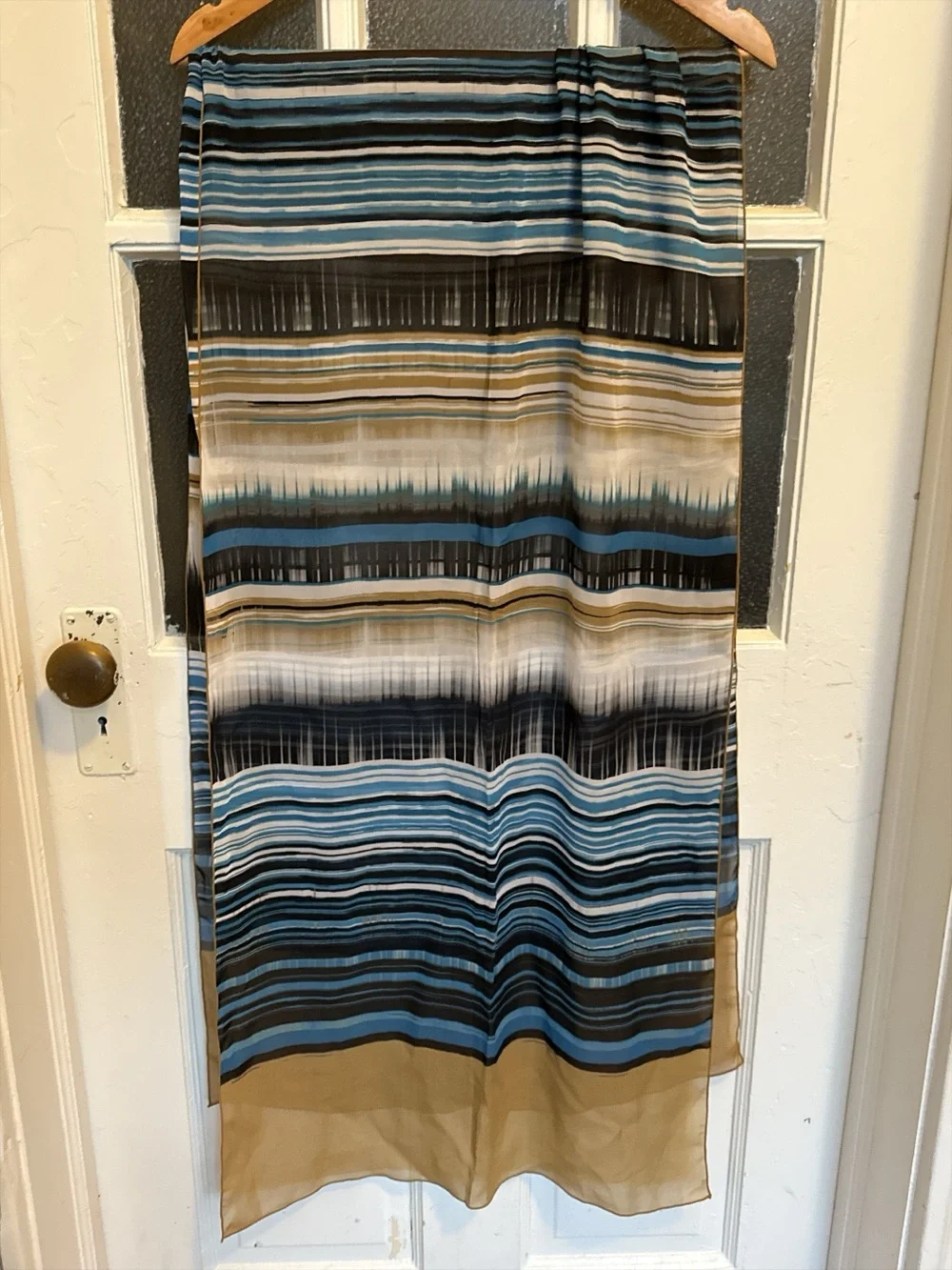 Multicolor Abstract Striped Scarf Teal Blue Black Camel Tan Oblong Wrap